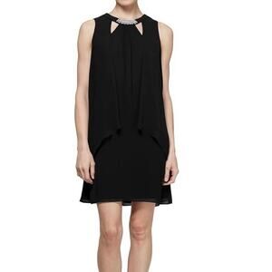 SLNY Black Pearl Beaded Hi-Lo Shift Dress Size 10 Sleeveless Cocktail